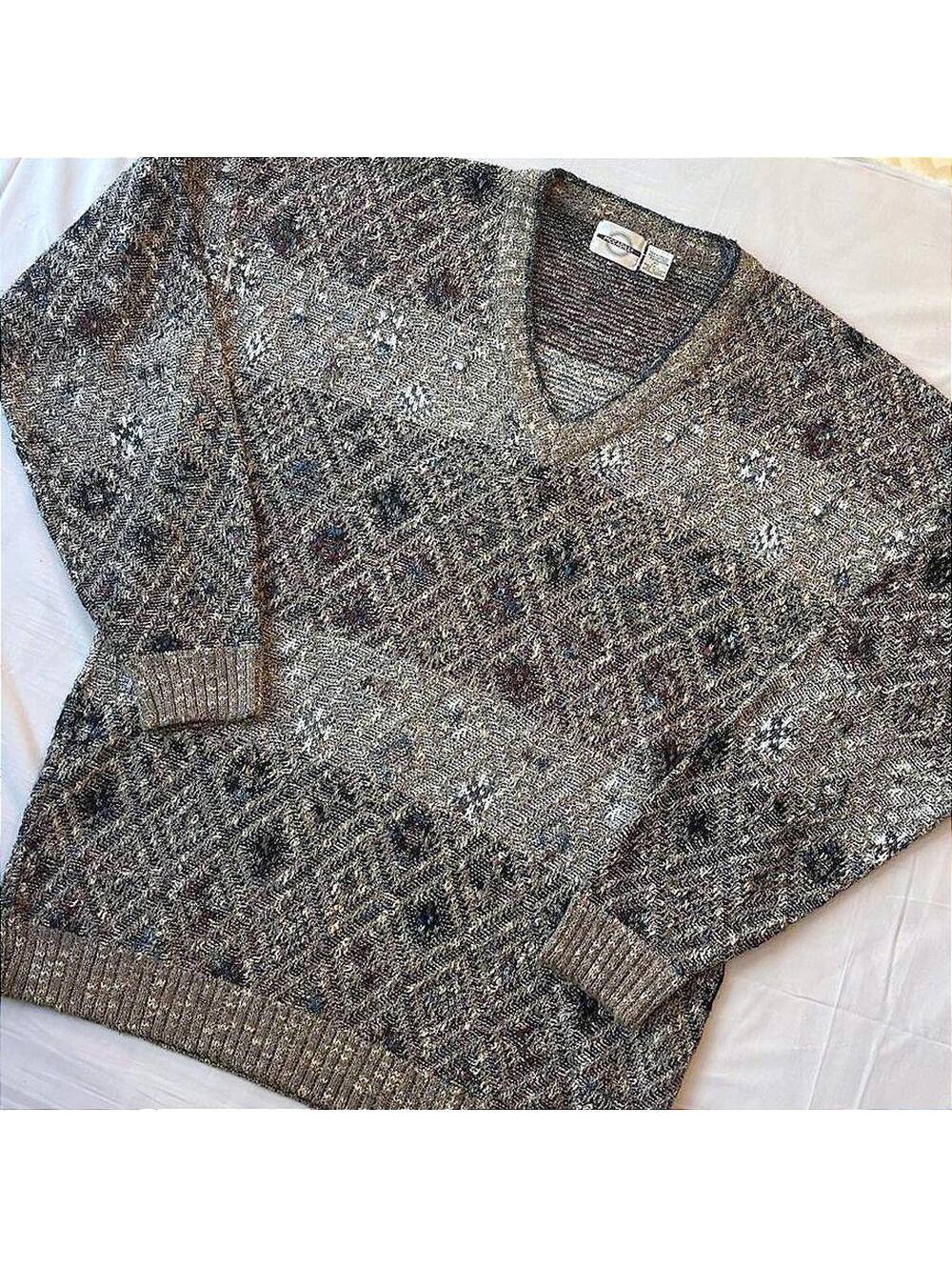 VTG 80s Piccadilly Geometric Diamond Knit V-Neck Sweater XL Tall Made in Korea